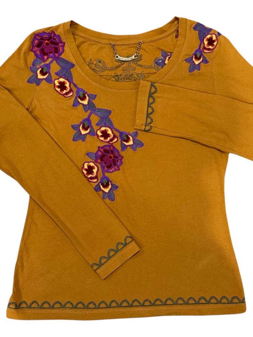 Bella Carra BIZ Vintage Embroidered Floral Boho Top L Mustard Yellow